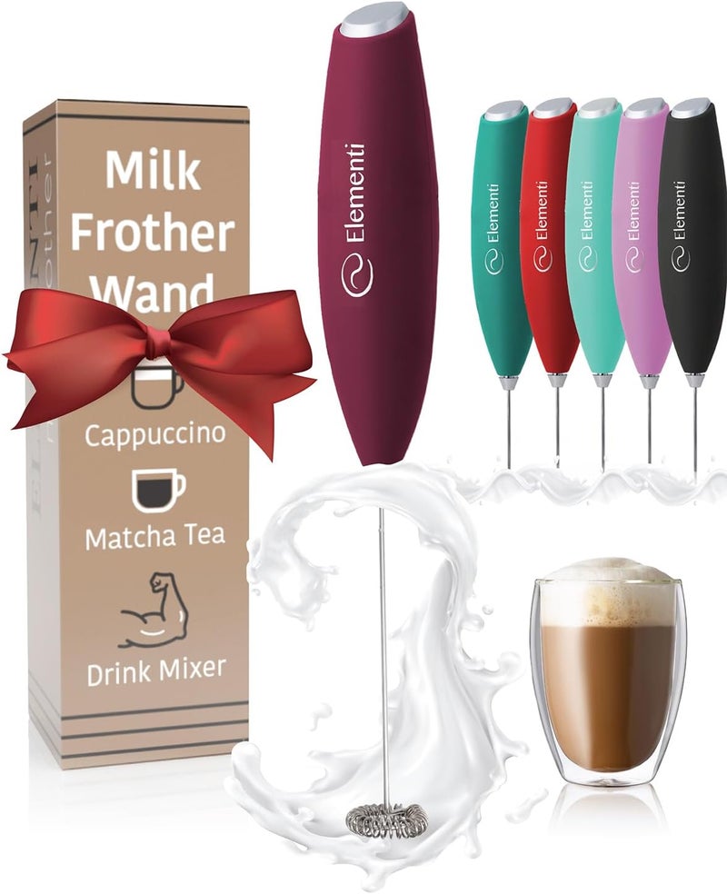 Elementi Drink Mixer Handheld - Electric Stirrer and Powerful Protein Powder Mixer Wand, Easy-to-Use Mini Frother Wand for Quick Delicious Cocktails, Milk Frother and Coffee Stirrers (Burgundy) - Image 1